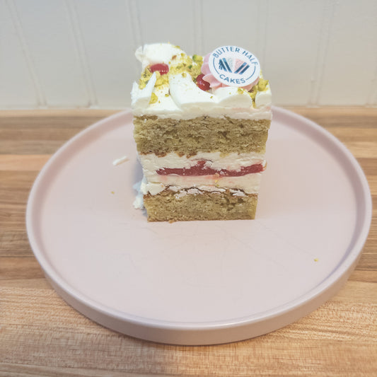 Cake Slab - Browned butter pistachio sponge, raspberry gelee, vanilla buttercream